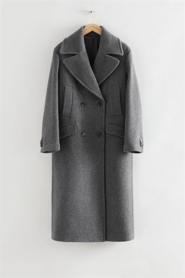 Двубортное шерстяное пальто с широким воротником