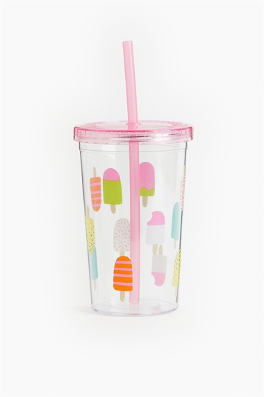 Пластиковый стакан с рисунком и соломинкой