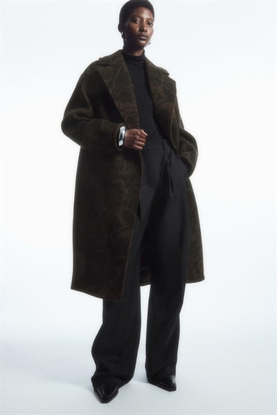 Двубортное шерстяное пальто больших размеров с цветочным принтом