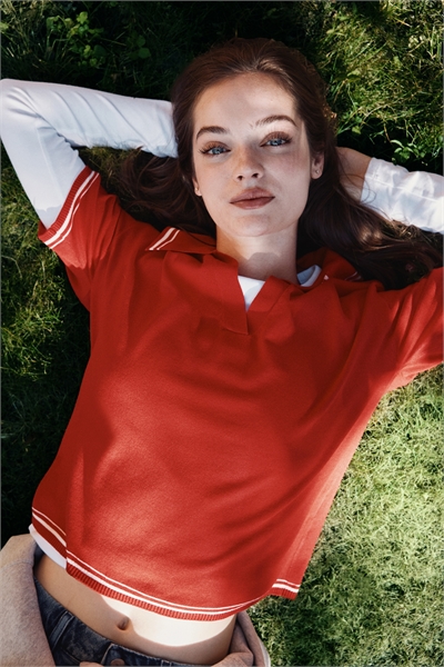 Рубашка-поло из тонкого трикотажа в стиле оверсайз 1269529005