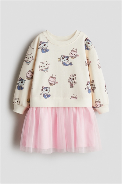 Платье-толстовка с принтованной юбкой из тюля 1305485002