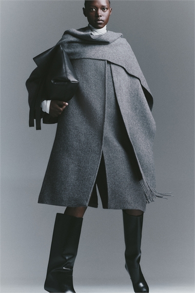 Пальто из шерстяного бленда с отделкой шарфом 1303185002