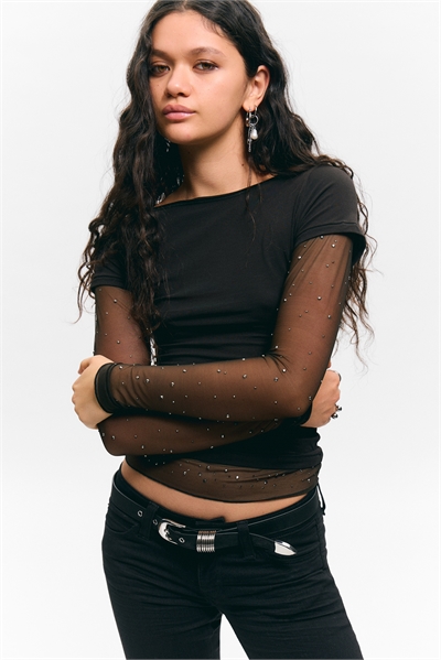 Топ с рукавами из сетки со стразами 1309596002