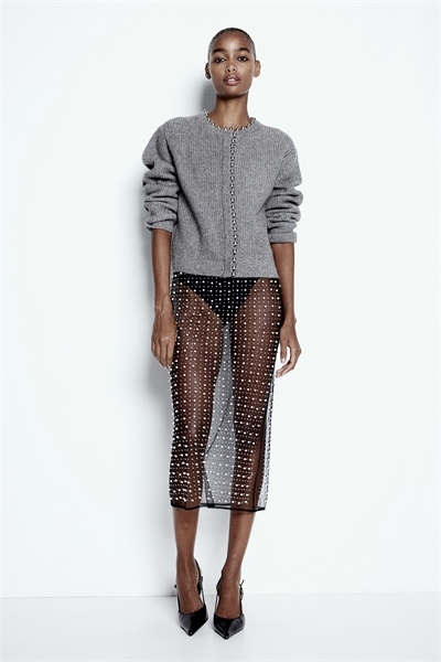 Кардиган из трикотажа в рубчик, украшенный бисером 1257959002