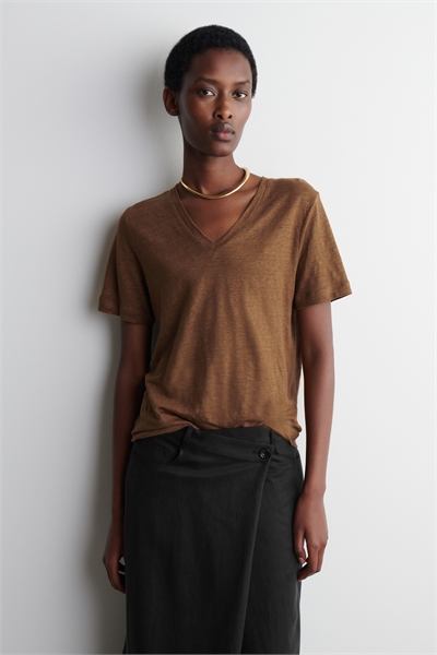Льняная футболка с V-образным вырезом 1277144003