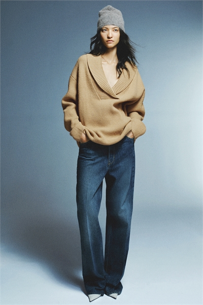 Джемпер с шалевым воротником, вязаный в рубчик 1320532002