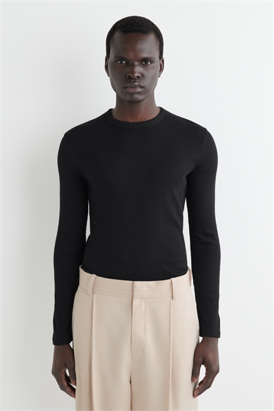 Тонкая ребристая хлопковая футболка с длинными рукавами 1318643002