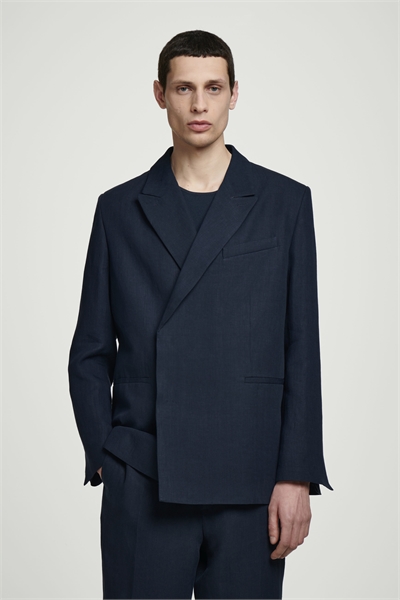 Расслабленный двубортный льняной блейзер 1262068001