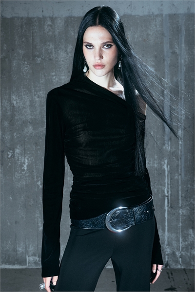 Драпированный асимметричный топ из бархатной сетки 1317631001