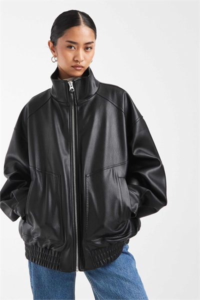 Бомбер с воротником-воронкой из искусственной кожи свободного кроя артикул 150938021