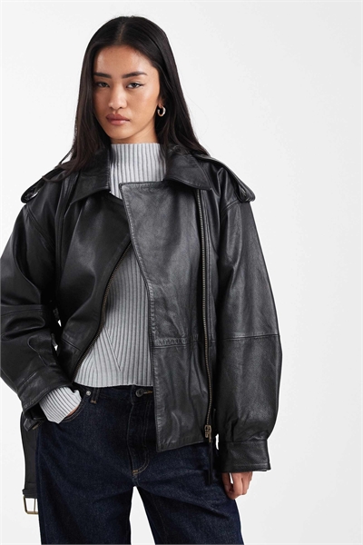 Оверсайз-куртка из натуральной кожи в стиле байкера артикул 151779091