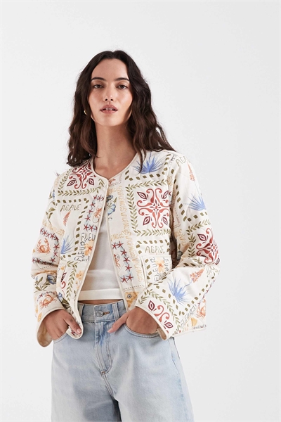 Стеганая куртка с цветочным пэчворком кремового цвета артикул 153717336