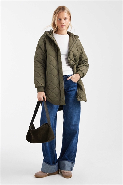 Утепленное пальто с капюшоном и длинным силуэтом, цвет хаки артикул 152906676