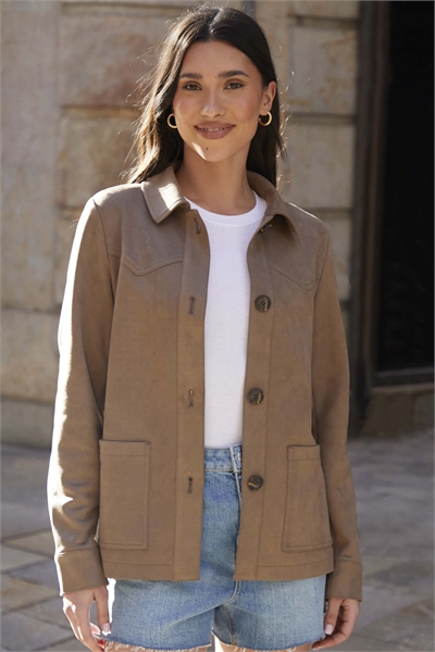 Шакет с воротником-язычком из искусственной кожи артикул 147984608