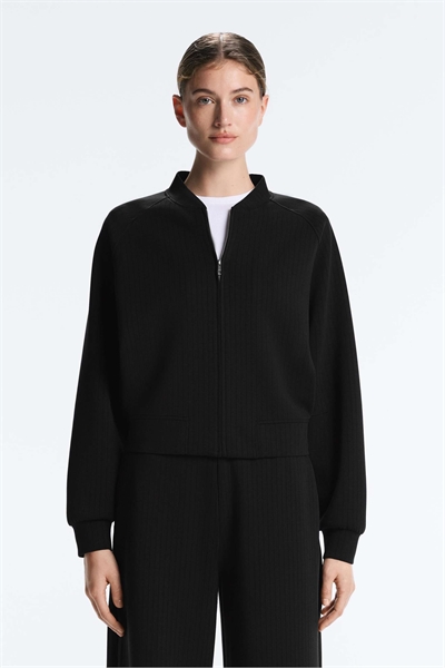 Полосатая бомбер-куртка из мягкого модала черного цвета артикул 155941082