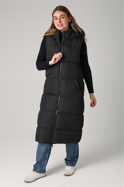 Длинный стеганый жилет с капюшоном черного цвета артикул 152399120