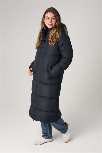 Длинная стеганая куртка-пуховик с капюшоном, темно-синяя артикул 152209568