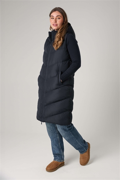 Средняя стеганая жилетка с капюшоном темно-синего цвета артикул 152242563