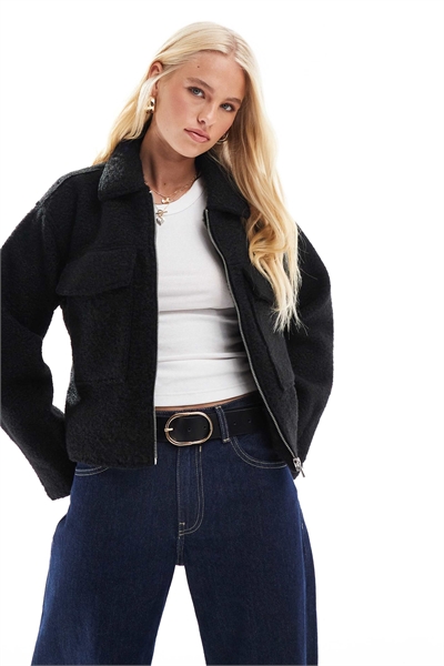 Черный жакет с застежкой-молнией и буклированной текстурой артикул 141242224