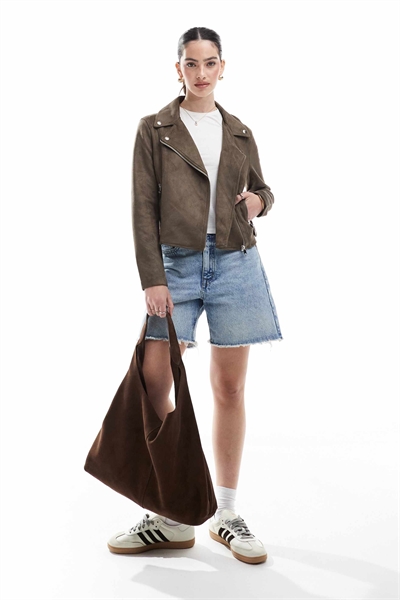 Куртка-косуха из искусственной кожи с эффектом вымывания, шоколадного цвета артикул 143315954