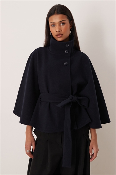 Куртка-накидка с воротником-воронкой и поясом, темно-синяя артикул 154869454