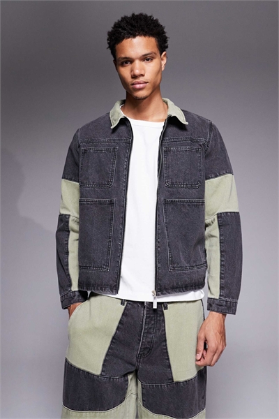 Расслабленный комплект из джинсовой куртки с застежкой-молнией и байкерскими вставками в нескольких цветах артикул 150524813