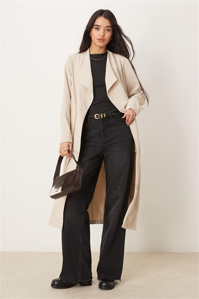 Тренч с поясом и водопадным воротником, цвет камень артикул 140234086