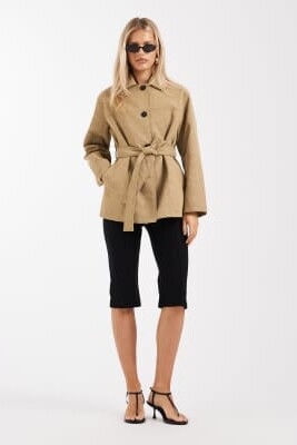 Куртка с завязкой на талии из искусственной кожи, цвет «верблюжий» артикул 153494835