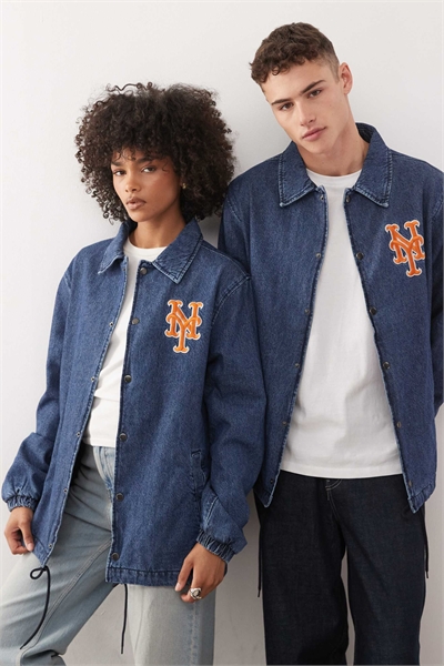 Джинсовая куртка-коуч с логотипом NY Mets, застегивающаяся на пуговицы, средней интенсивности синего цвета артикул 152319851