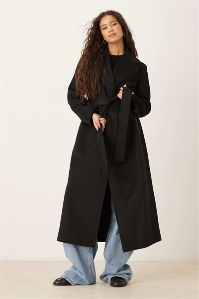 Длинное пальто из смешанной шерсти с завязкой на талии артикул 150175852