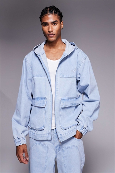 Оверсайз-комплект из джинсовой куртки с капюшоном и брюк с эффектом отбеливания артикул 148997887