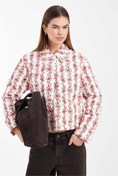 Стеганая куртка кремового цвета с розовым цветочным принтом артикул 152906218