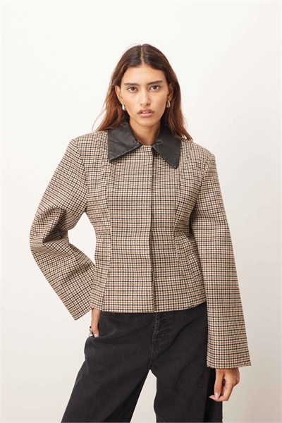 Структурированный пиджак с кожаным воротником контрастного коричневого цвета артикул 146740559