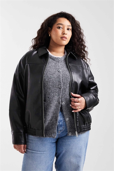 Кожаная куртка-харингтон с застежкой-молнией спереди, черного цвета артикул 152350967