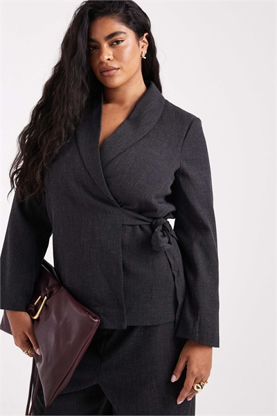 Костюм из блейзера и брюк с завязками на талии, темно-серый меланж артикул 150561279