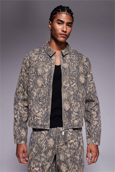 Комплект с курткой-харингтон с застежкой-молнией и принтом в виде змеиной кожи оливкового цвета артикул 151096691