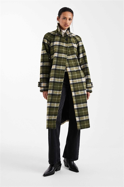 Шубка с поясом из щеткой обработанной ткани с клетчатым принтом цвета хаки артикул 150561564