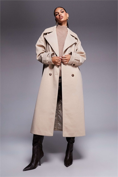 Шерстяное тяжелое пальто макси с воротником в стиле тренч бежевого цвета артикул 148297969