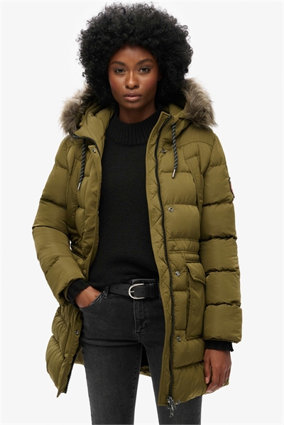Пуховик Everest из искусственного меха средней длины темно-оливкового цвета артикул 153859961