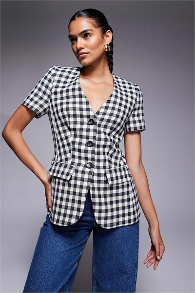 Куртка в клетку с короткими рукавами артикул 146851177