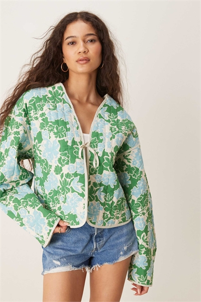 Куртка с завязками спереди, стеганая, сине-зеленая с цветочным принтом артикул 147133648