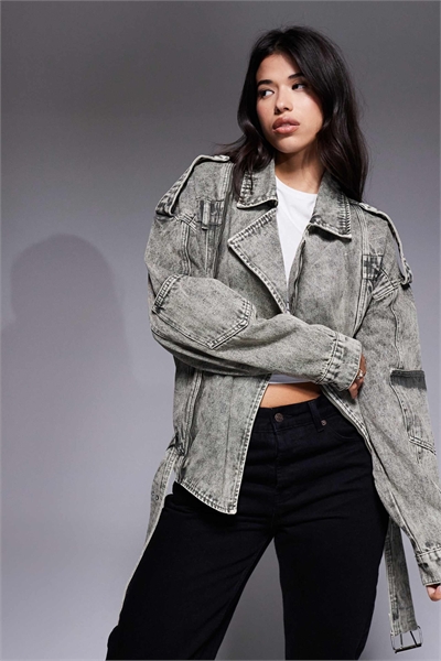 Оверсайз-куртка в стиле байкера темно-хаки артикул 150529166