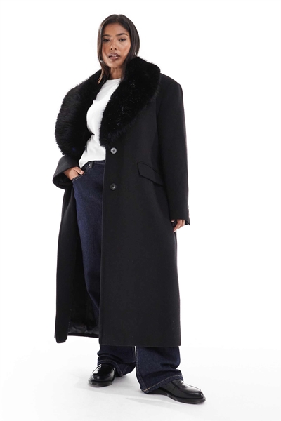 ASOS DESIGN Пальто-пальто из шерстяной смеси для полных с воротником из искусственного меха артикул 148785586