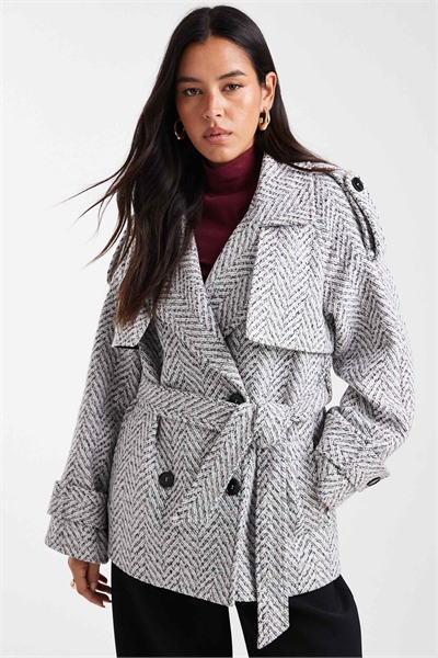 Шерстяной твидовый тренч с широкими рукавами и поясом, серый артикул 148031847