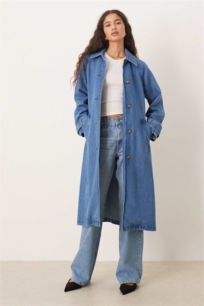 Длинный тренч с джинсовым воротником, средняя степень вымывания артикул 150325527