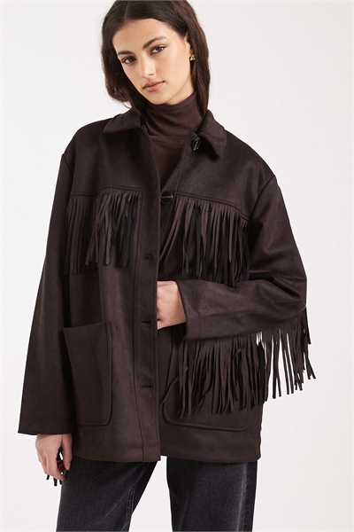 Куртка из искусственной замши с бахромой в стиле бохо, шоколадно-коричневого цвета артикул 152470930