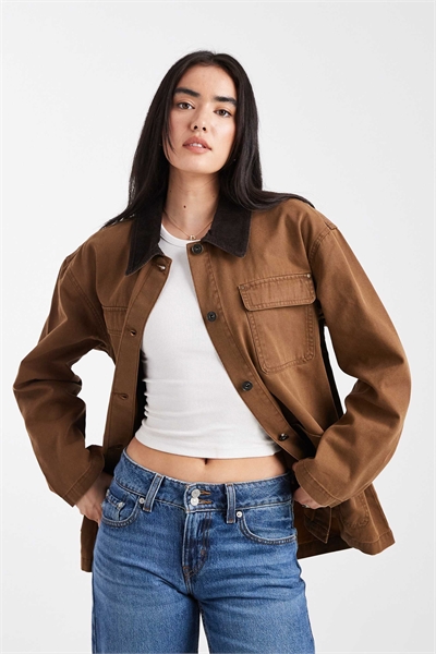 Длинная куртка с воротником-шнурком коричневого цвета артикул 147620264