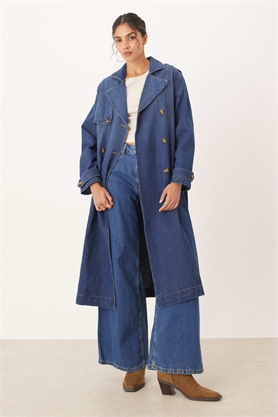 Джинсовый тренч средней длины с завязкой на талии, темно-синий артикул 148380199