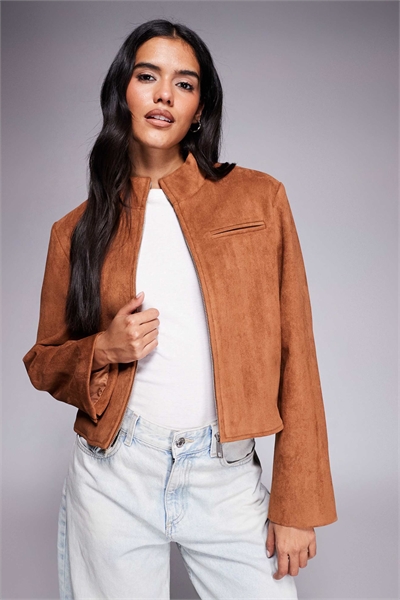 Приталенная куртка из искусственной замши с застежкой-молнией, цвет: светло-коричневый артикул 146139322