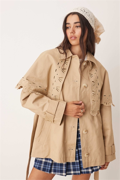 Тренч-пальто с капюшоном и вышитыми деталями артикул 147664866